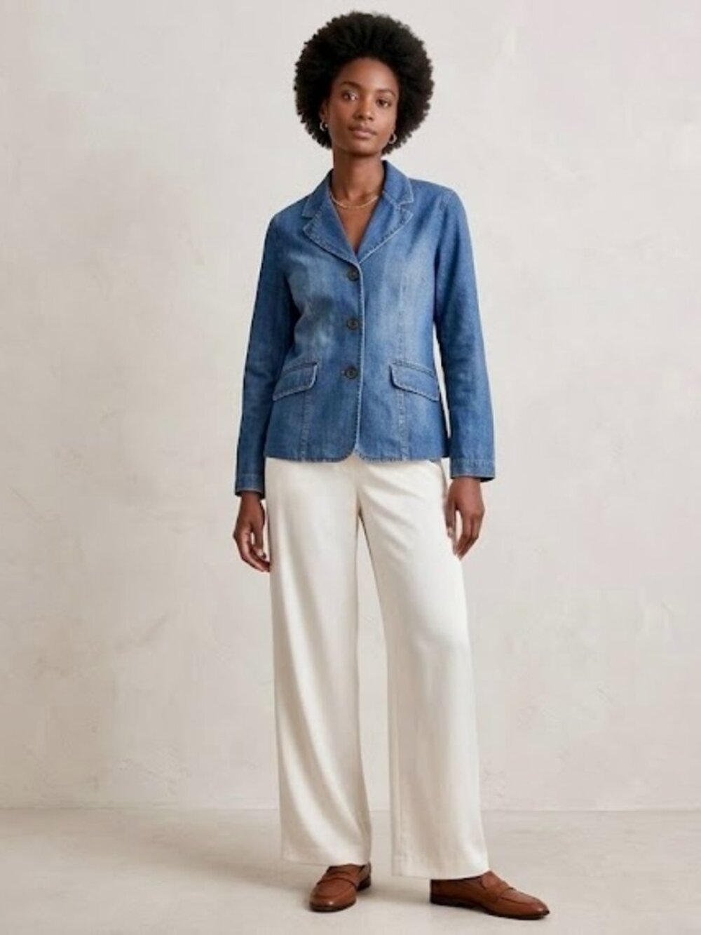 Ann Taylor Denim Cotton Blue Wash 3-Button Career Boho Blazer Jacket Size 12